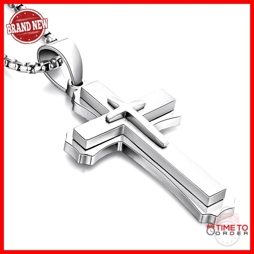 Men's Heavy Stainless Steel Cross Pendant Necklace with Rolo Chain